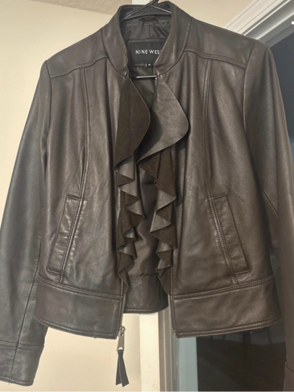 Nine West Dark Brown Leather Ruffle-Front Jacket